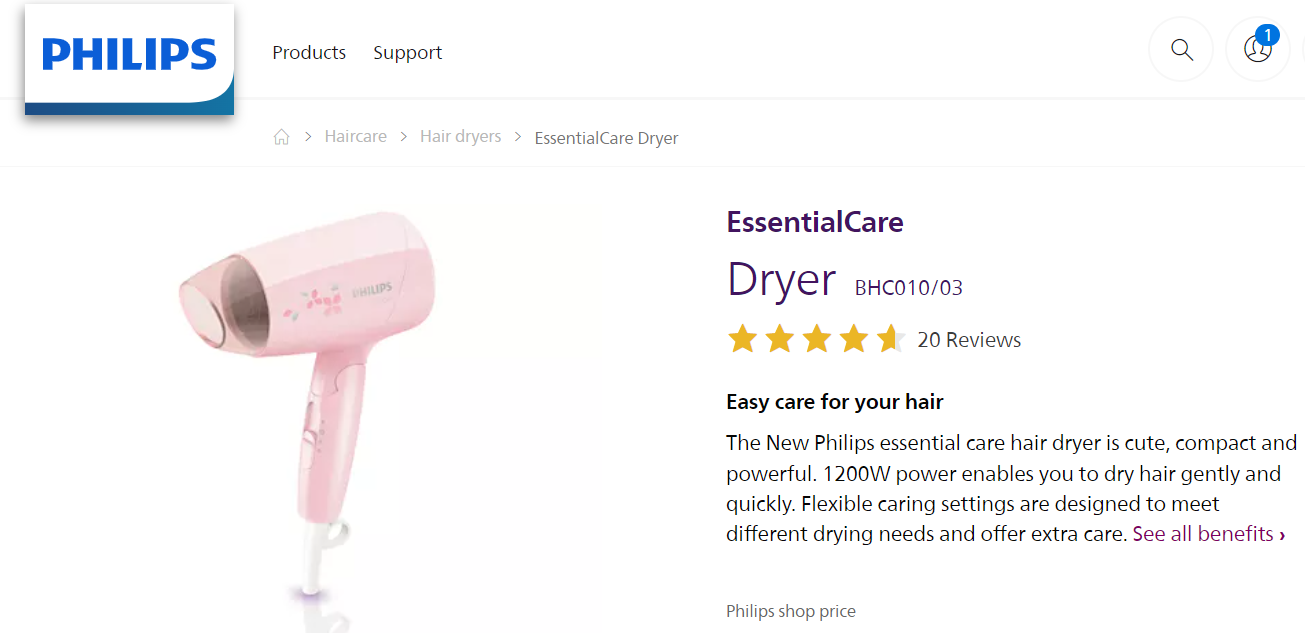 Picture of Philips BHC010/00 Essential Care DryCare Hair Dryer for Women - Pink