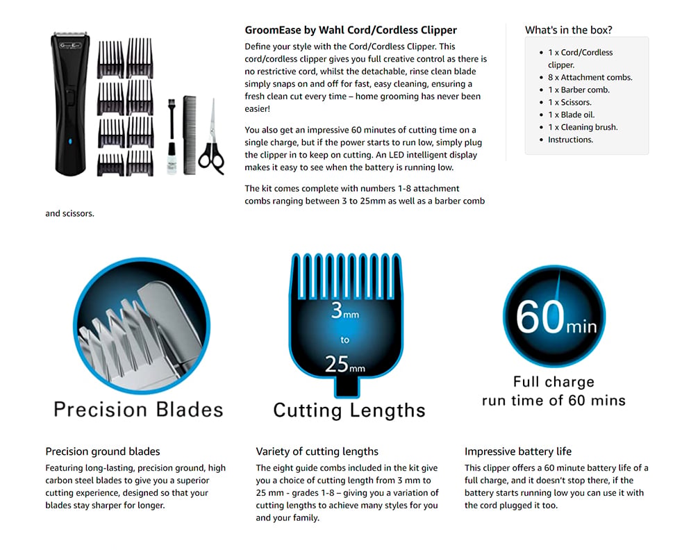 Picture of Wahl 9698-417 GroomEase Cord Cordless Hair Clipper 13 Piece Kit for Men - Black