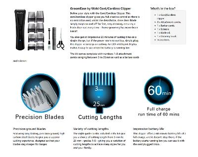 Picture of Wahl 9698-417 GroomEase Cord Cordless Hair Clipper 13 Piece Kit for Men - Black