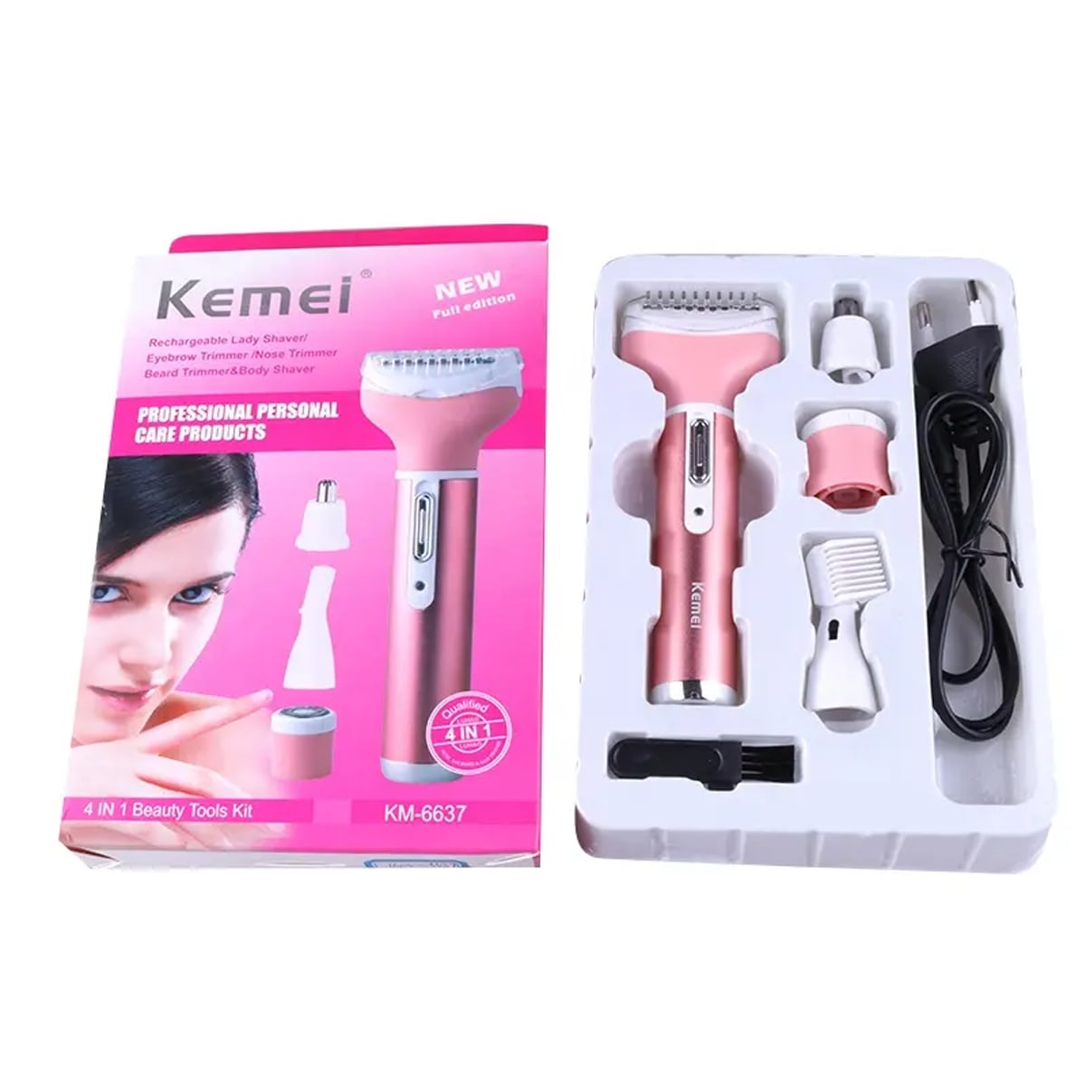 Picture of Kemei KM-6637 Multifunctional 4 in 1 Rechargeable woman body shaver Beard Eyebrow, Nose Trimmer set Female Electric shaver - Multicolor