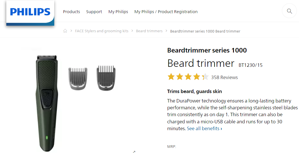 Picture of Philips BT1230/15 Beard Trimmer Series 1000 for Men - Grey