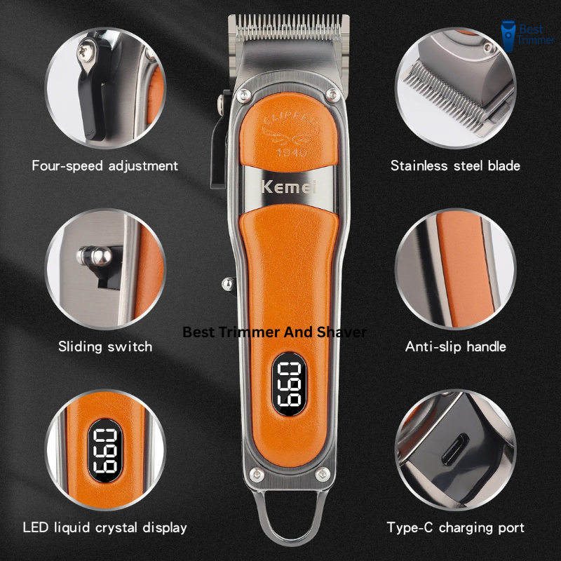 Picture of Kemei KM-1940 Adjustable Hair Trimmer Rechargeable Electric Cutting Machine Golden Metal Body Carbon Steel Blade Hair Clipper