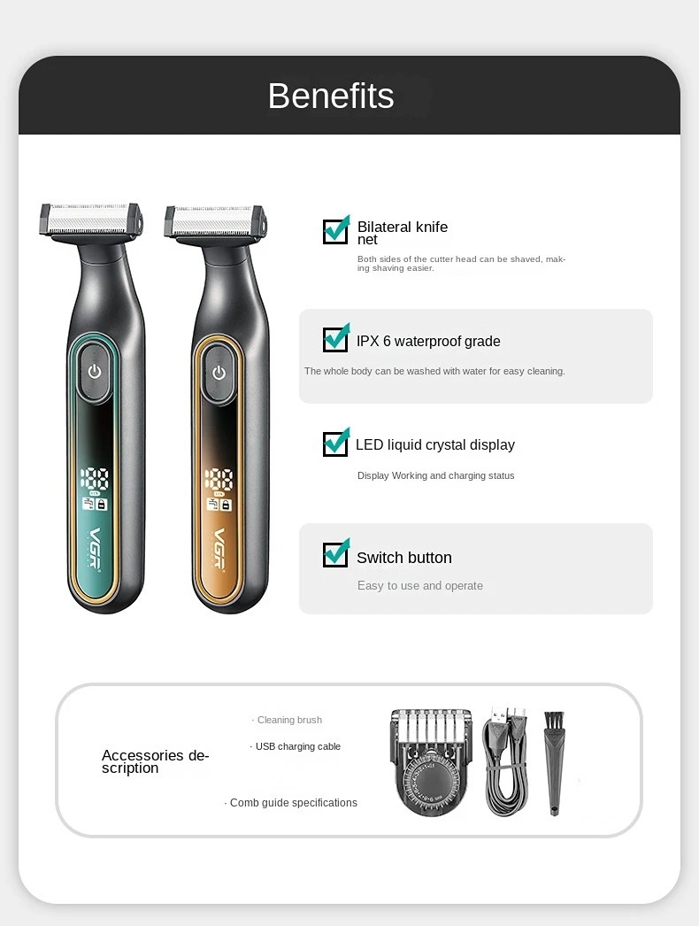 Picture of VGR 360 Hair Trimmer Waterproof Household Rechargeable Adjustable Hair Trimmer Full Body Washable Reciprocating Men's Trimmer