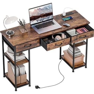 Picture of Computer Desk with Drawers, Display Rack & Storage Shelves – Office Desk with CPU Stand, Writing & Study Table for Bedroom & Workstation Beige