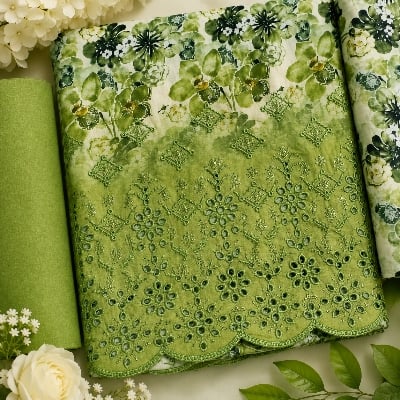 Picture of Ladies 3 pc Green print unstitched  Kurta Set 