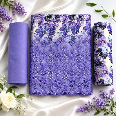 Picture of Ladies 3 pc Purple print unstitched  Kurta Set 