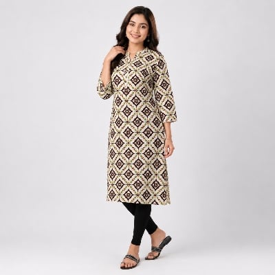 Picture of White and coffee AOP  Ladies kurti 