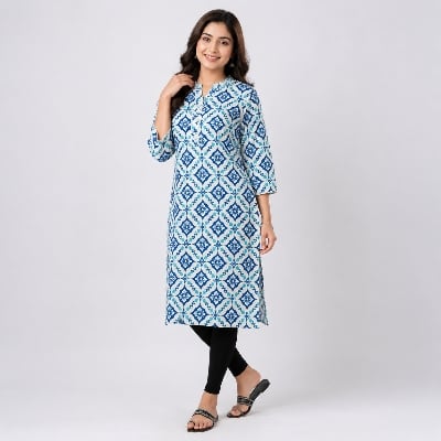 Picture of White And Blue Aop  Ladies Kurti 