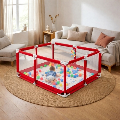 Picture of baby playpen for babies play yard with mat & 50+  ball indoor play area-Red
