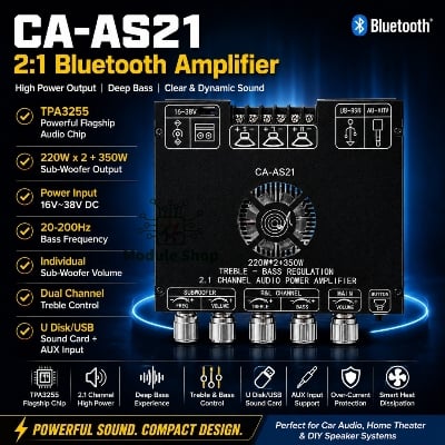 Picture of AS21 220W*2+350W 2.1 Channel TPA3255 16V-38V DC Bluetooth Digital Power Amplifier Board Module High and Low Tone Subwoofer Audio APP Similar ZK-AS21 CA-AS21 Multicolor