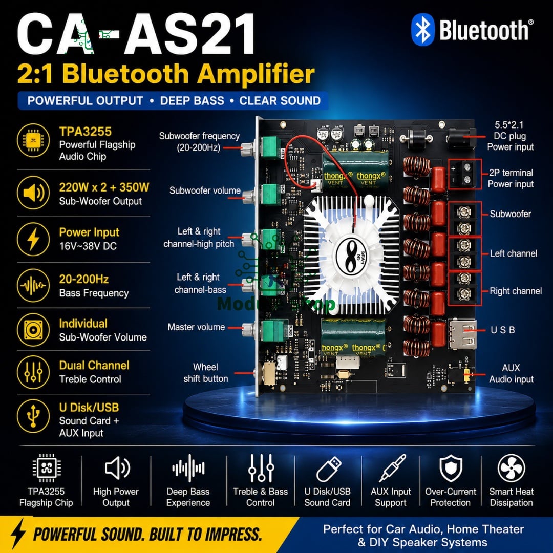 Picture of AS21 220W*2+350W 2.1 Channel TPA3255 16V-38V DC Bluetooth Digital Power Amplifier Board Module High and Low Tone Subwoofer Audio APP Similar ZK-AS21 CA-AS21 Multicolor