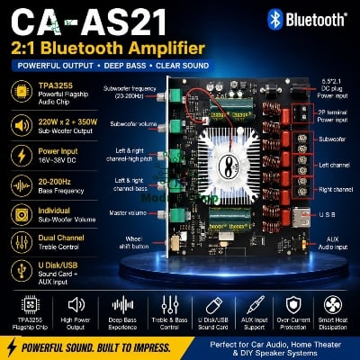 Picture of AS21 220W*2+350W 2.1 Channel TPA3255 16V-38V DC Bluetooth Digital Power Amplifier Board Module High and Low Tone Subwoofer Audio APP Similar ZK-AS21 CA-AS21 Multicolor