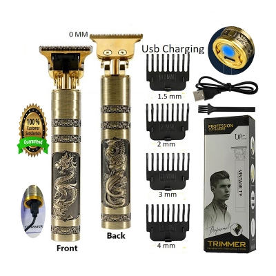 Picture of T9 Vintage USB 6500 charging cable with Rechargeable Hair Trimmer metal body Hair Cutting Machine For Men and Women -Gold