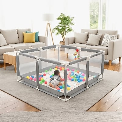 Picture of baby playpen  mat steel frame 50 foodgrade balls indoor & outdoor playground play pen for babies-ash