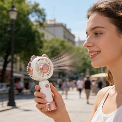 Picture of Kitten Handheld Portable Mini Fan Rechargeable 3 Speed Cute Pocket Fan for Travel Outdoor Makeup Cooling