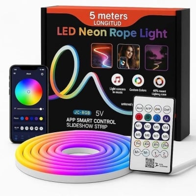 Picture of USB Smart Neon Rope Light 16.4ft RGB IC LED Strip App & Remote Control Music Sync Waterproof Neon Light for Room Gaming Decor