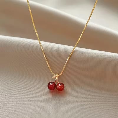 Picture of New Wine Red Cherry Gold Color Pendant Necklace For Women Personality Fashion Necklace Wedding Jewelry Birthday Gifts