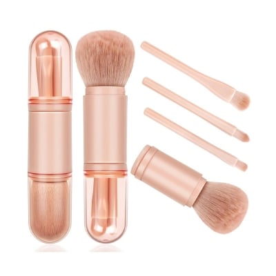 Picture of 4 in 1 Portable Travel Makeup Brush Set Retractable Professional Cosmetic Brush Kit Foundation Eyeshadow Blending Lip Brush Makeup Tool