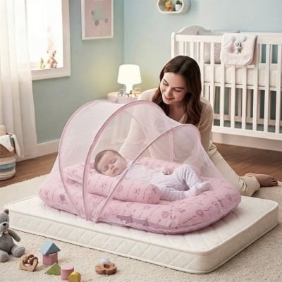 Picture of Baby Bed Set with Mosquito Net and Pillow XXL Newborn Sleeping Bed Portable Baby Nest with Protective Net and Side Pillows