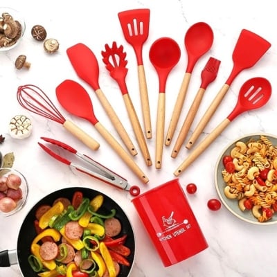 Picture of 12 Pcs Silicone Kitchen Spoon Set with Wooden Handle Non Stick Cooking Utensils Set Heat Resistant Kitchen Tools with Storage Holder