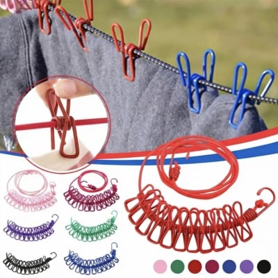 Picture of Portable Elastic Clothesline with 12 Clips Travel Laundry Drying Rope Windproof Clothes Hanging Line for Indoor Outdoor Use