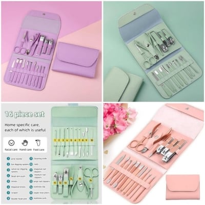Picture of 16 Pcs Professional Manicure Pedicure Kit Stainless Steel Nail Clipper Grooming Set Personal Care Travel Case