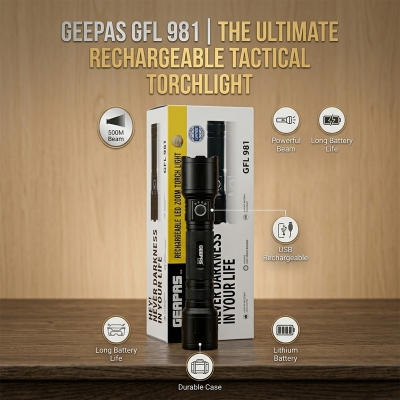 Picture of Geapas GFL-031 LED Zoom Torch Light Flashlight with COB Side Light – Rechargeable High Power Long Range Emergency Torch, Geapas GFL-031, Geapas Torch, LED Zoom Torch, COB Flashlight, Rechargeable Torch, High Power LED Torch, Zoom Flashlight, COB Work Light, Emergency Torch