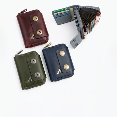 Picture of Titan Accordion Card Wallet for Men - Genuine Leather Card Holder - 6 Card Slots & Cash Pocket - Double Snap Zipper Security - BlackCoffeeAmber