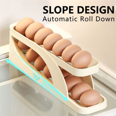 Picture of 2 Layer Automatic Egg Dispenser Roll-Down Egg Storage Rack Sliding Egg Holder Refrigerator Organizer Kitchen Counter Egg Tray Holder Space Saving Egg Storage Box