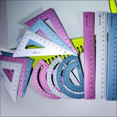 Picture of 4-in-1 Geometry Set, Metal Math Ruler Kit- Aluminium Protractor, 2 Precision Triangles, Straight Edge Rule - Multifunctional Drafting& Measuring Small Ruler For Kids School - 6 Inch