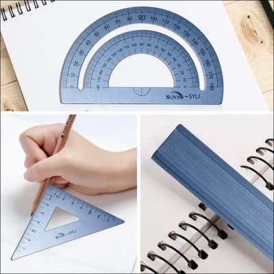 Picture of 4-in-1 Geometry Set, Metal Math Ruler Kit- Aluminium Protractor, 2 Precision Triangles, Straight Edge Rule - Multifunctional Drafting& Measuring Small Ruler For Kids School - 6 Inch