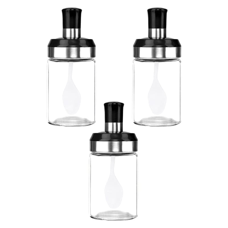 Picture of Multifunctional Glass Flavoring Jar 250ml 3pcs set, Jar Spice Container Spoon Lid Oil Honey Dispenser Food Storage Kitchen