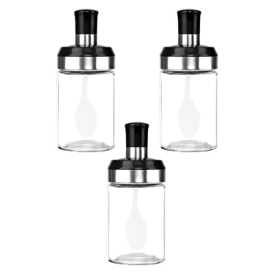 Picture of Multifunctional Glass Flavoring Jar 250ml 3pcs set, Jar Spice Container Spoon Lid Oil Honey Dispenser Food Storage Kitchen