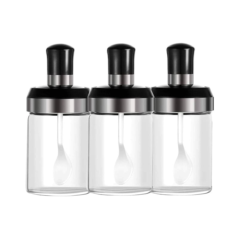 Picture of Multifunctional Glass Flavoring Jar 250ml 3pcs set, Jar Spice Container Spoon Lid Oil Honey Dispenser Food Storage Kitchen