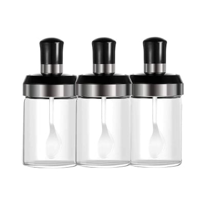 Picture of Multifunctional Glass Flavoring Jar 250ml 3pcs set, Jar Spice Container Spoon Lid Oil Honey Dispenser Food Storage Kitchen