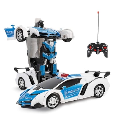 Picture of Toy Car That Can Transform Into a Robot. It is a 2-in-1 Remote Control Toy Designed For Kids - White