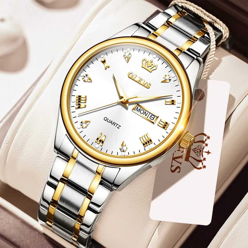 Picture of Olevs 5563 Silver & Golden Two Tone Stainless Steel Analog Wrist Watch For Men