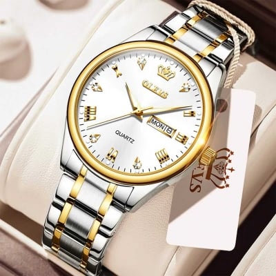 Picture of Olevs 5563 Silver & Golden Two Tone Stainless Steel Analog Wrist Watch For Men