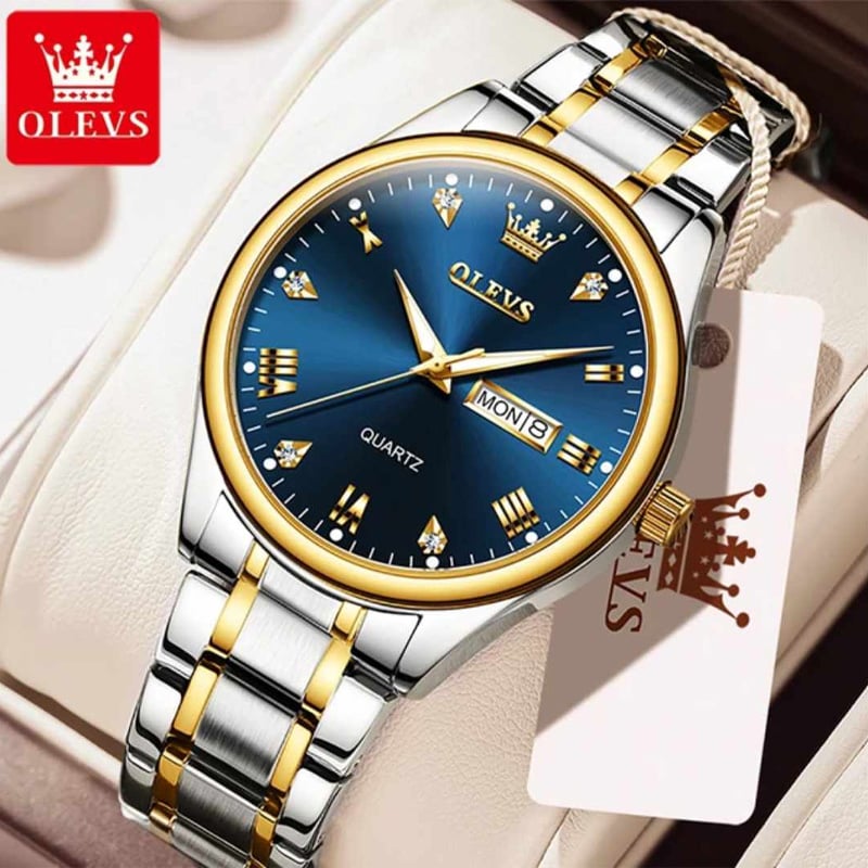 Picture of Olevs 5563 Silver & Golden Two Tone Stainless Steel Analog Wrist Watch For Men