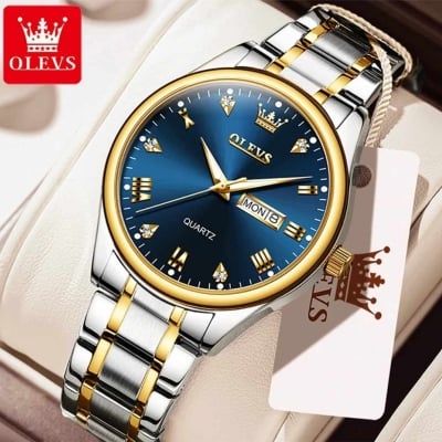 Picture of Olevs 5563 Silver & Golden Two Tone Stainless Steel Analog Wrist Watch For Men