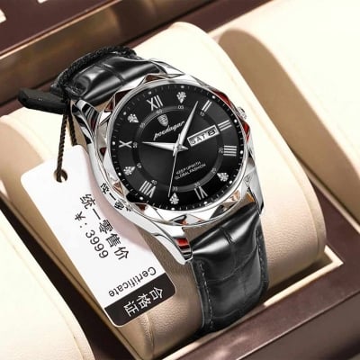 Picture of Poedagar Men's Business Quartz Watch with Leather Strap, Calendar and Night Light - Stylish Fashion Watch