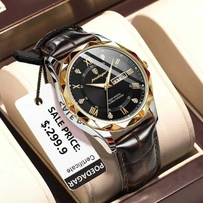 Picture of Poedaga New Business Quartz Watch with Leather Strap, Calendar and Night Light - Stylish Fashion Watch
