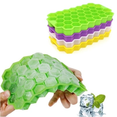 Picture of 37-Cavity Silicone Ice Cube Tray with Lid | Honeycomb Shape Stackable Ice Mold | Durable BPA-Free Ice Maker | Dishwasher Safe Freezer Tray for Home & Kitchen - Multicolor