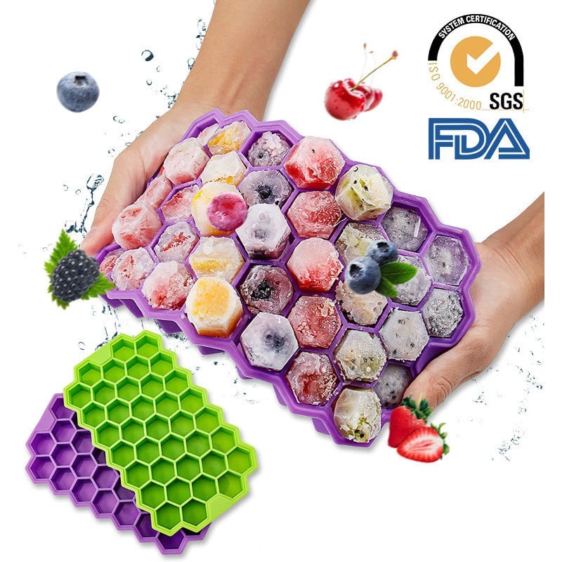 Picture of 37-Cavity Silicone Ice Cube Tray with Lid | Honeycomb Shape Stackable Ice Mold | Durable BPA-Free Ice Maker | Dishwasher Safe Freezer Tray for Home & Kitchen - Multicolor