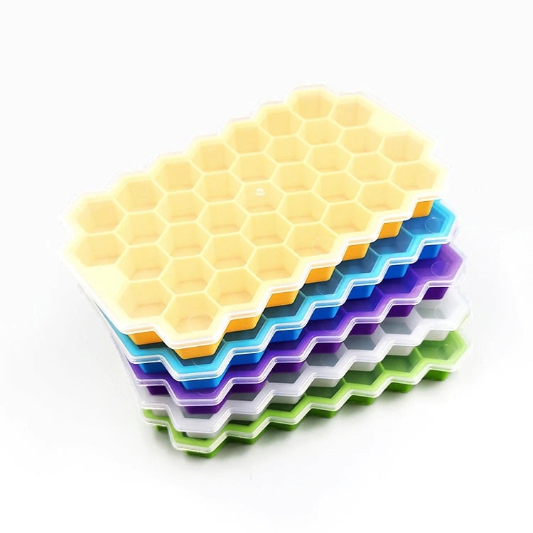 Picture of 37-Cavity Silicone Ice Cube Tray with Lid | Honeycomb Shape Stackable Ice Mold | Durable BPA-Free Ice Maker | Dishwasher Safe Freezer Tray for Home & Kitchen - Multicolor