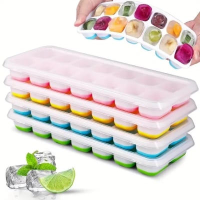 Picture of 14-Grids Reusable Silicone Ice Cube Tray with Lid | Freezer Fruit Ice Maker Mold | BPA-Free Stackable Ice Tray for Kitchen & Summer Drinks (Multicolor) - Multicolor