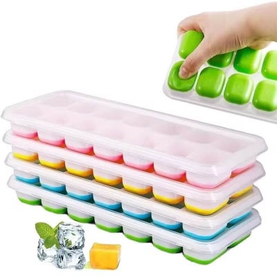 Picture of 14-Grids Reusable Silicone Ice Cube Tray with Lid | Freezer Fruit Ice Maker Mold | BPA-Free Stackable Ice Tray for Kitchen & Summer Drinks (Multicolor) - Multicolor