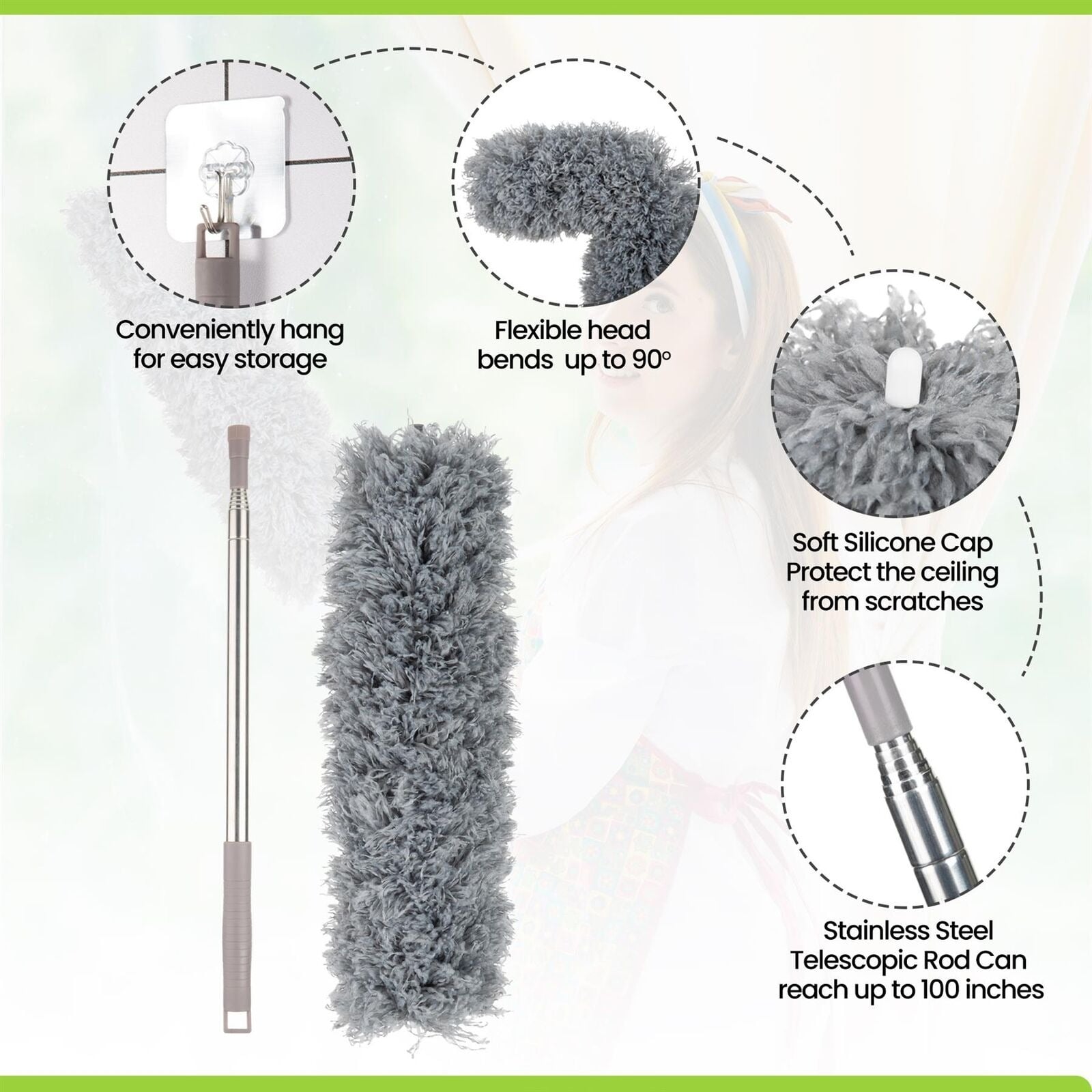 Picture of Extendable Microfiber Duster | Bendable Washable Feather Duster for High Reach Cleaning | Long Handle Dust Cleaner for Ceiling Fan, Furniture & Home Use - Multicolor