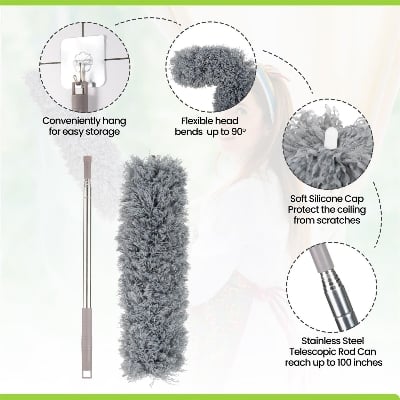 Picture of Extendable Microfiber Duster | Bendable Washable Feather Duster for High Reach Cleaning | Long Handle Dust Cleaner for Ceiling Fan, Furniture & Home Use - Multicolor