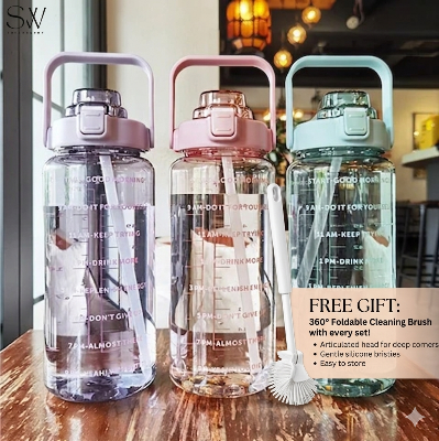 Picture of 2000ml Large Gradient Frosted Water Bottle with Straw & Handle + Free Silicone Bottle Brush | BPA-Free Leak-Proof Sports Water Bottle for Gym, Hiking, Camping & Travel
